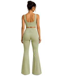Manufacturer Custom Sage Green Women Flared Yoga Set Embroidered Sports Bra And High Waist <b>Bell</b> Bottom Leggings Activewear Set - Product Image 2