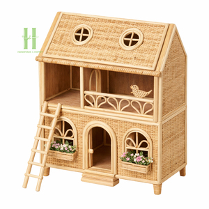 Maison de poupée artisanale HNH en rotin moderne, maison miniature en bambou tressé naturel pour enfants, jouet écologique, ensemble de jeu d'imitation pour chambre à coucher - Product Image 6