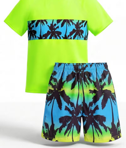 Tropical Palm Print Boys Swim Set Green Short Sleeve Top and Shorts Casual Summer Outfit - Product Image 6