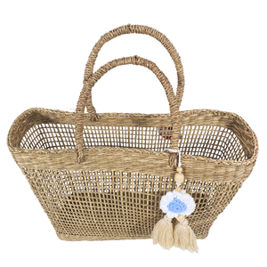 Sac à main rectangulaire vintage en jonc de mer tressé à la main avec motif tressé ouvert, breloque pompon, sac fourre-tout en paille naturelle pour l'été et la plage - Product Image 3
