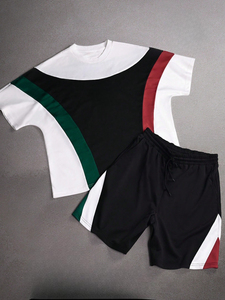 Men's Drop Shoulder Tee 230g <b>Knit</b> Shirt Solid Panel Design Fast Crew Neck Quick Dry Solid Black Breathable Shorts <b>Set</b> - Product Image 1