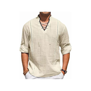 Chemise décontractée pour homme en lin et coton à manches longues avec col mandarin à lacets, respirante, idéale pour l'été - Product Image 1