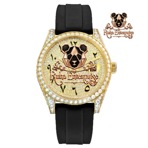 Reloj Digital de Lujo en Tono Dorado con Movimiento ETA, Alarma, Bisel con Cristales, Esfera con Números Romanos y Correa de Goma Negra - Product Image 3