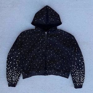 Custom Winter Plain Dyed Rhinestone Diamond <b>Zip</b> Up Hoodie Unisex Bling Crystal Hip Hop Streetwear Tracksuit Style OEM - Product Image 5