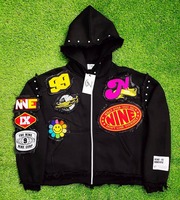 Sweat à capuche Y2K personnalisé pour homme, en molleton épais, zippé, coupe oversize, ourlet brut, style streetwear, effet vieilli, avec patchs