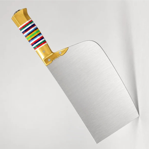 Hachoir à viande à manche rayé multicolore avec lame large argentée et poignée dorée pour boucher et préparation culinaire - Product Image 6