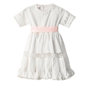 เดรสเด็กผู้หญิงสีขาวลูกไม้ทรงเอ พร้อมเข็มขัดสีชมพู คอปกปีเตอร์แพน แขนสั้น ความยาวระดับเข่า สไตล์หวานๆ ฤดูใบไม้ผลิ 2024 - ชุดเดรส Durra - Product Image 2