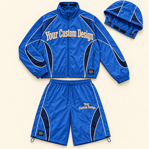 Ensemble court en nylon bleu avec veste zippée imprimée du logo, coupe décontractée, streetwear unisexe, deux pièces, personnalisé, été, décontracté, vente en gros - Product Image 1