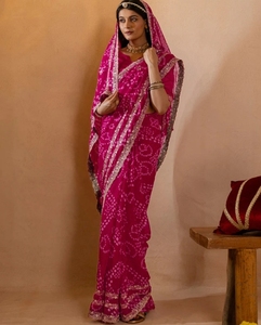 Sari de Georgette Bandhani Reversible Bordado de Secado Rápido y Sin Arrugas para Mujer KV (Rosa Dorado) para Bodas y Fiestas de Otoño - Product Image 3