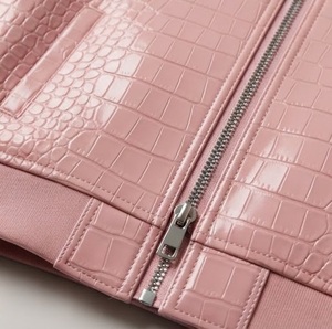 Pink Embossed Faux <b>Leather</b> <b>Bomber</b> <b>Jacket</b> <b>Women's</b> Full Sleeve Stand Collar Autumn Regular Length Zipper Closure - Product Image 5