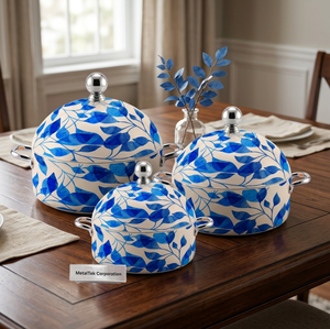 Luxury 3Pc Stainless Steel Casserole Set Blue Floral Arabian Style Insulated Hot Pot Food Warmer Serving Dish Customized Colours - Product Image 3