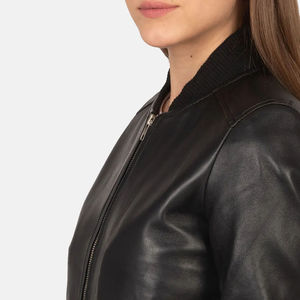 Chaqueta de Cuero Genuino para Mujer, Estilo Bomber, Negra, Corte Ajustado, Informal, Abrigo de Moda, Estilo Vintage, Streetwear - Product Image 5