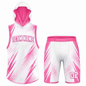 Custom Pink <b>White</b> 7v7 <b>Football</b> Uniform Set Hooded Sleeveless Jersey Shorts Sublimated Women's Men's Team Sportswear - Product Image 1