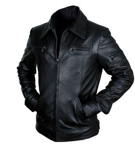 Blouson moto en cuir véritable noir pour homme, col rabattable, fermeture éclair, manches classiques, vêtement d'extérieur décontracté d'automne, en cuir de chèvre véritable pour homme. - Product Image 3