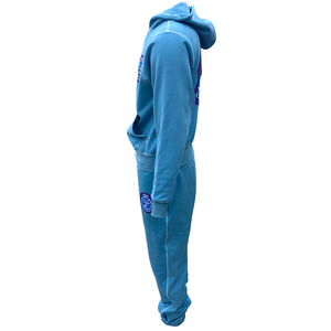 Unisex Blue Hooded Tracksuit Solid Color Full Length Breathable Cotton Casual Wear Autumn Style Regular Fit With Logo Print - Product Image 2