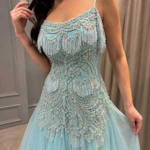 Vestido de Noche Largo Azul Claro con Cuentas para Mujer, Tirantes Finos, Corsé Adornado, Silueta Sirena de Gasa - Product Image 4