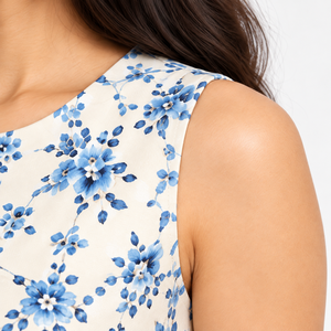 Robe longue florale bleu ivoire sans manches à col rond coupe trapèze décontractée pour femme – Fournisseur de vêtements de mode en gros OEM ODM - Product Image 6