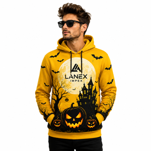 Sweat à capuche unisexe personnalisé jaune Halloween Citrouille Maison Hantée, en polyester, style gothique streetwear, par sublimation - Product Image 1