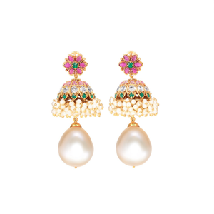 South Sea Pearl Flower Shape Oxidized Polish Drop Earrings in 18K Gold for Wedding and Party - Product Image 2