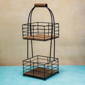 Étagère de rangement de cuisine en métal à double niveau avec poignée en bois, style industriel, organisateur multifonctionnel - Product Image 3