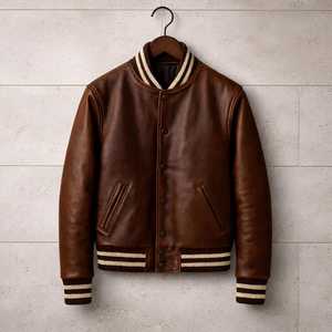 Blouson aviateur en cuir marron pour homme, style vintage, col rabattu, fermeture boutonnée, coupe classique, pour l'automne - Product Image 1