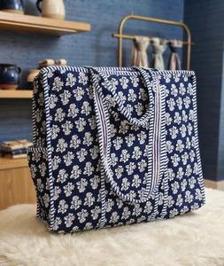 Sac fourre-tout en coton bohème bleu marine à motif floral, ouvert, grande capacité, pour usage quotidien - Product Image 3