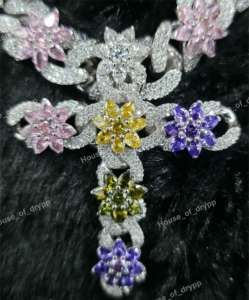 Collar de Plata 925 con Incrustaciones de Diamantes de Moissanita Multicolor, Diseño Floral, Estilo Cubano, Joyería para Fiestas Hip Hop - Product Image 3