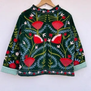 New Arrival Handmade Suzani Embroidered <b>Velvet</b> <b>Jacket</b> <b>Women</b> Short Boho Floral Coat Autumn Outerwear Wholesale Factory Price - Product Image 2