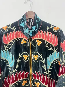 <b>Women</b>’s Traditional Suzani Embroidered <b>Velvet</b> <b>Jacket</b> Multicolor Floral Pattern With Stand Collar Long Sleeves Boho Winter Coat - Product Image 3