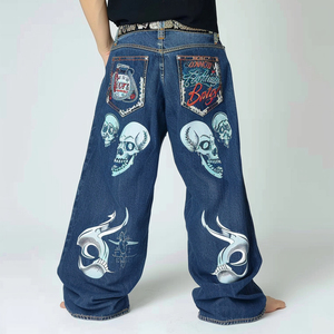 Pantalon personnalisé pour homme, coupe ample, taille mi-haute, jean décontracté baggy, délavé vintage, déchiré, 100% coton, technique brodée - Product Image 2