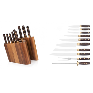 Ensemble de 10 couteaux de cuisine de qualité supérieure avec lames en acier inoxydable, manches rivetés en bois, blocs de rangement en bois et aiguiseur - Product Image 1