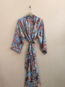 Patchwork Silk <b>Satin</b> Long <b>Kimono</b> <b>Robe</b> Soft and Comfy Summer Beach Cover up with V-neck Drawstring Closure Front Logo Mid Rise - Product Image 3