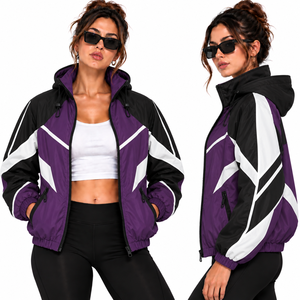 <b>women</b> purple hooded windbreaker <b>jacket</b> wholesale retro color block zip up track top lightweight casual running <b>jackets</b> outdoor - Product Image 1