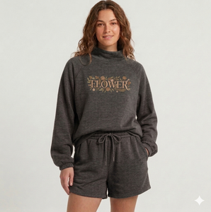 Ensemble court décontracté et confortable pour femme, col roulé, couleur unie, en tissu polaire brossé chaud, tenue deux pièces douillette pour l'hiver - Product Image 1