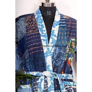 Kimono de Seda Hecho a Mano en India, Chaquetas Vintage Kantha para Mujer, Bata de Retazos, Kimono, Vestido Largo de Noche, Batas de Algodón, Kimono - Product Image 4