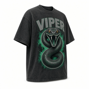 Camiseta Oversize Negra para Hombre con Lavado Ácido, Estampado de Serpiente Verde, Manga Corta, Cuello Redondo, Estilo Urbano - Product Image 1