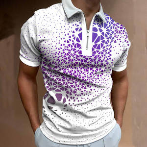 Men's <b>White</b> Geometric Print <b>Polo</b> Shirt Short Sleeve Zipper Collar Breathable Sporty Style 100% Polyester Knitted Fabric - Product Image 3