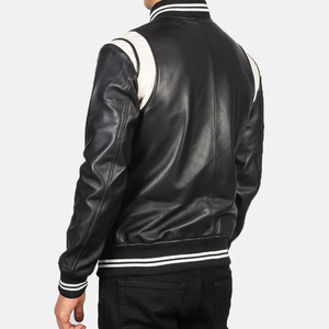 Chaqueta Varsity de Cuero PU Negra para Hombre con Paneles Blancos y Cierre de Botones, Ropa Casual de Otoño - Product Image 3