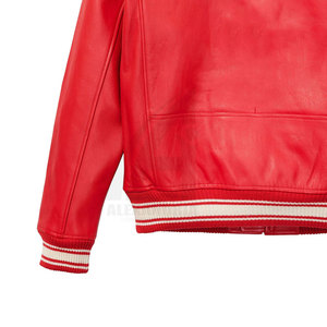 Red PU Leather Bomber <b>Jacket</b> <b>Men</b> Casual Zipper Closure O-Neck Collar Solid Color Winter Fleece Lining Windproof - Product Image 4