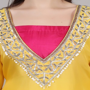 Graceful Designer Style Women’s Kurta Pant <b>set</b> Yellow Pink <b>colour</b> With Cut dana Beads & Sequence work - Product Image 6