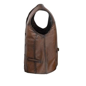Gilet en cuir véritable pour homme, col en V, décontracté, à simple boutonnage, pour l'automne, couleur unie, sans manches - Product Image 5