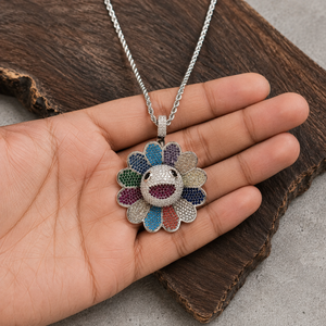 Collier Pendentif Fleur Multicolore Hip Hop Personnalisé en Gros, Sertie de Moissanite Micro-Pavée avec Chaîne Cordon - Product Image 4