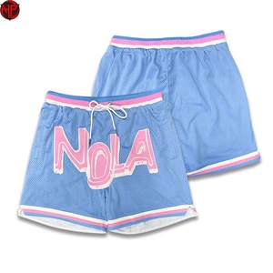 Shorts de basketball en toile bleue avec imprimé lettres roses, cordon de serrage, taille mi-haute, tricotés, pour l'entraînement sportif, tenue d'équipe personnalisée pour hommes - Product Image 2
