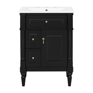 Mobile Bagno Nero da 24 Pollici con Lavabo, Cassetto a Ribalta, Ripiano Regolabile in Legno Massello di Gomma, Qualità Premium - Product Image 4