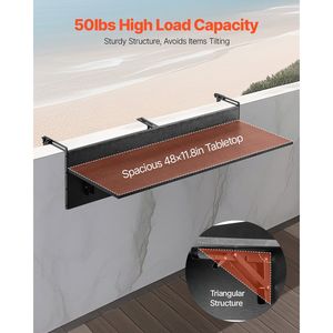 Table pliante pour balustrade de balcon 12 x 48, table de bar extérieure pour balustrades, capacité de charge de 50 lb, table suspendue pour balcon - Product Image 3