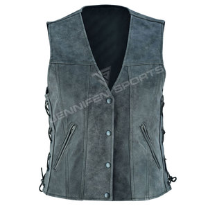 Chaleco de cuero para motocicleta para mujer, con solapa, cremallera oblicua, cordón en la cintura, chalecos de piel de vaca negra - Product Image 1