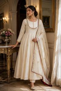 Ensemble Anarkali brodé crème avec dupatta en tulle, manches longues, tenue indienne pakistanaise pour mariage et festivals - Product Image 4