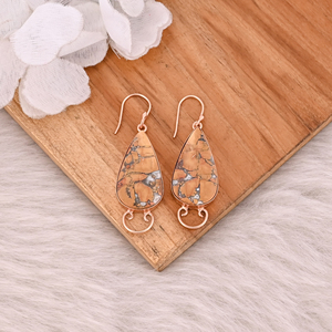 Boucles d'oreilles pendantes en laiton plaqué or rose, style bohème, avec pierre précieuse Malinga Jasper, serti clos, design personnalisé - Product Image 2
