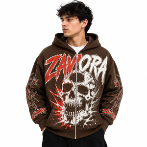 <b>Top</b> Quality Brown <b>Skull</b> Graphic Men Hoodies Custom Print Full Zip Oversized Cotton Fleece Streetwear Factory Direct Manufacturer - Product Image 1