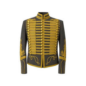 Veste noire pour homme, style élégant, garniture tressée dorée, manches longues, fermeture boutonnée, col montant ajusté, 100% laine et coton - Product Image 1